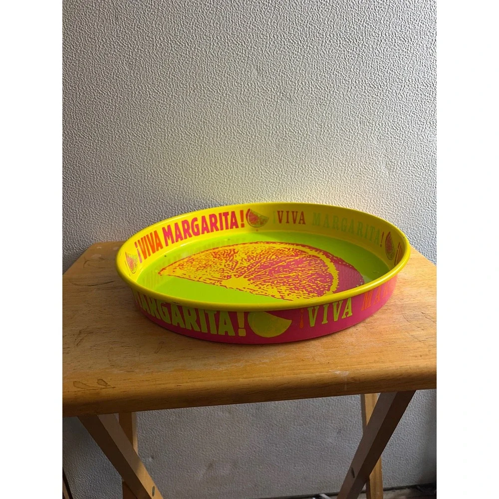 Viva Margarita Metal Serving Tray Neon Pop Art Lime Wedge Round Tin Barware 13in